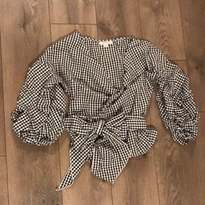 Gingham puff sleeve wrap top